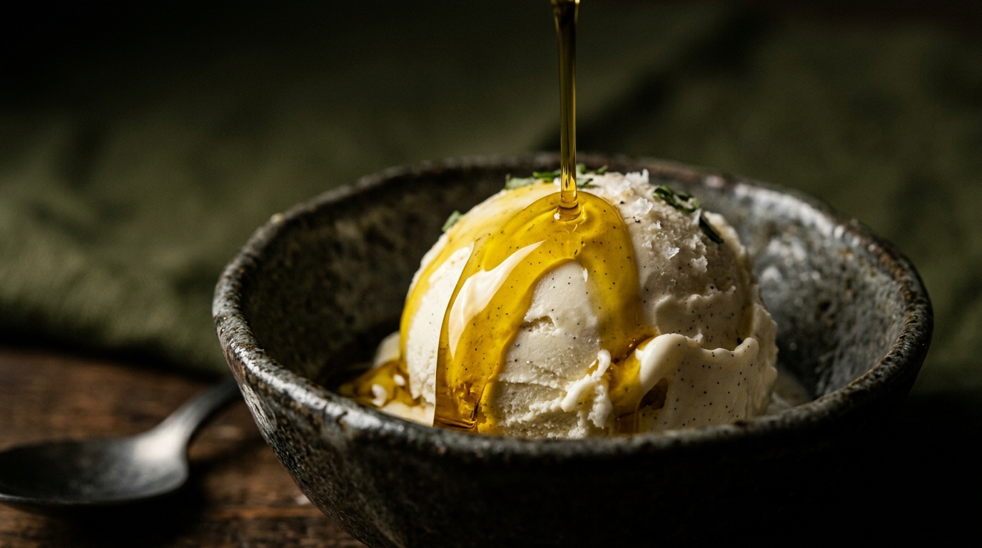 Golden olive oil poured over artisanal ice cream